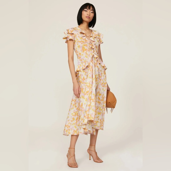 🌸 Rokh Size 8 Yellow Floral Ribbon Midi Dress🌸 - Picture 1 of 8